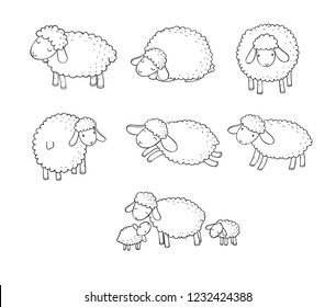 Cute cartoon sheep set. funny lambs. farm animals. Coloring book