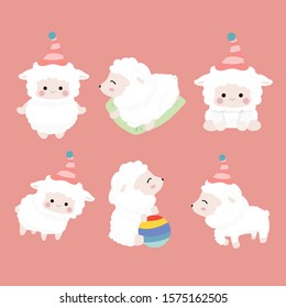 Cute cartoon sheep set on pastel background.
