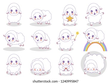 Cute cartoon sheep set with star, rainbow, love mail, magic wand on white background. White liitle animal with violet lines.