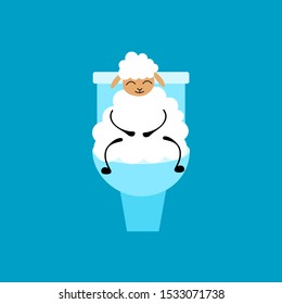 Cute cartoon sheep sitting on the toilet. Flat vector illustration.