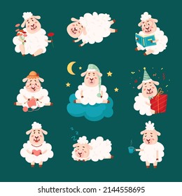 Cute cartoon sheep. Sleeping lamb, sweet baby sheeps characters. Graphic decorative wool animal, childish nursery comic classy vector elements