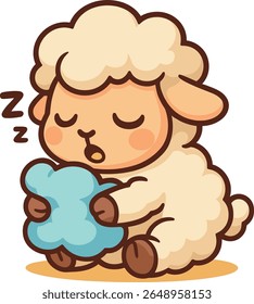 A cute cartoon sheep sleeping peacefully while hugging a soft blue pillow. Adorable bedtime animal character, perfect for children’s designs, nursery art, or sleep-themed illustrations.