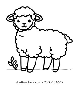 A cute cartoon sheep with a smile on its face. The sheep is standing in a field of grass