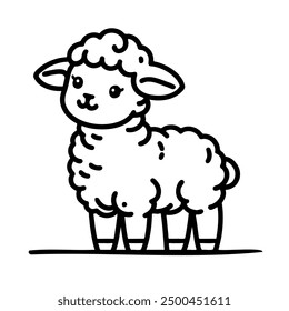 A cute cartoon sheep with a smile on its face. The sheep is standing on a white background