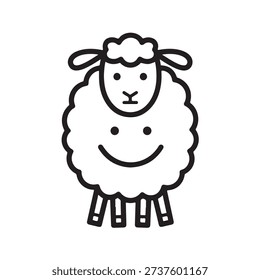 A cute cartoon sheep with a smiling face and fluffy wool, simple black and white illustration.