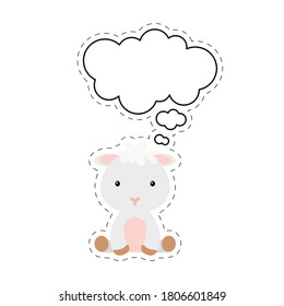 Caricatura de ovejas con una pegatina de burbuja de habla. Carácter kawaii sobre fondo blanco. Caricatura sentada en el clipart de la postal animal para el cumpleaños, la ducha de bebé, fiesta. Ilustración de material vectorial.