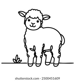 A cute cartoon sheep is standing in a field. The sheep has a big smile on its face and is looking at the camera. The image is simple and playful, with a focus on the sheep's adorable appearance