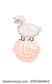 A cute cartoon sheep stands on a ball of yarn. The symbol of natural wool. Concept of handmade and hobby knitting. Vector illustration on white background.