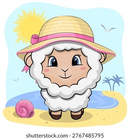 A Cute Cartoon Sheep with a Strawhat on the Beach. Summer Animal vector illustration with sea, sun, sand and shell.