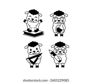 Cute Cartoon Sheep Students Studying in Black and White Color Vector Design