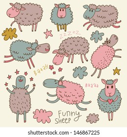 Cute cartoon sheep in vector. Childish set in pastel colors