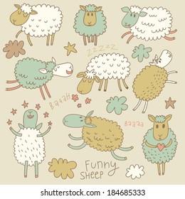 Cute cartoon sheep in vector. Childish set in gentle colors