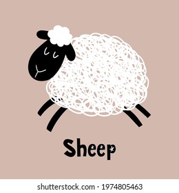 Cute cartoon sheep. Vector children's illustration isolated on a beige background. Character for kids and babies fashion. Vector children's illustration. Funny zoo.