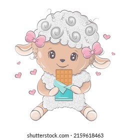 Cute cartoon sheep vector illumination. Sheep sits with a bar of chocolate. Cute little illustration of lamb for kids, baby book, fairy tales, baby shower invitation, textile t-shirt, sticker.