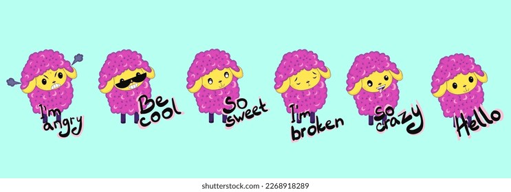 Caricatura de ovejas. Ilustración vectorial de la emoción esponjosa de las ovejas. Ilustración vectorial. Enojo, emociones tristes.