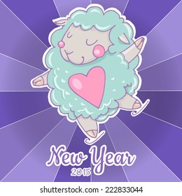 Cute cartoon sheep in vector. Cute New Year`s sheep. Dreamy sheep with a heart. New year card with sheep. Children's picture in pastel colors.
