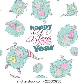 Cute cartoon sheep in vector. Pattern. Cute New Year`s sheep. Dreamy sheep with a heart, dreamy sheep with a star and dreamy sheep skating. Children's picture in pastel colors.