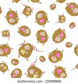 Cute cartoon sheep in vector. Pattern. Cute New Year`s sheep. Dreamy sheep with a heart, dreamy sheep with a star and dreamy sheep skating. Children's picture in pastel colors.