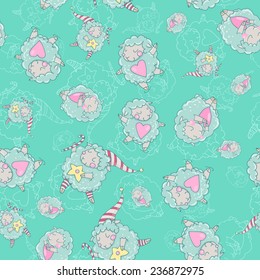 Cute cartoon sheep in vector. Pattern. Cute New Year`s sheep. Dreamy sheep with a heart, dreamy sheep with a star and dreamy sheep skating. Children's picture in pastel colors.