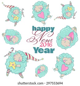 Cute cartoon sheep in vector. Pattern. Cute New Year`s sheep. Dreamy sheep with a heart, dreamy sheep with a star and dreamy sheep skating. Children's picture in pastel colors.