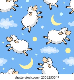 Cute cartoon sheep vector seamless pattern. Animal pattern with cute sheep, moon and clouds seamless background. For fabric, childish textile, kids bedding, wallpaper, sleepwear. 