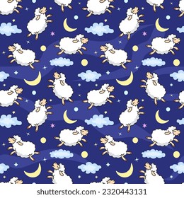 Cute cartoon sheep vector seamless pattern. Animal pattern with sheep, moon and clouds seamless background. Sheep counted to sleep. For fabric, childish textile, kids bedding, wallpaper, sleepwear