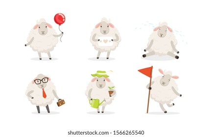 Cute Cartoon Sheep Vector Set. Farm Wooly Character Watering Plant