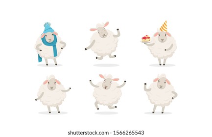 Cute Cartoon Sheep Vector Set. Farm Wooly Character Wearing Warm Clothing