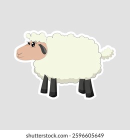 Cute Cartoon Sheep Vector Sticker. Adorable fluffy sheep cartoon sticker with a friendly expression. Perfect for farm-themed designs, kids' decor, and educational materials