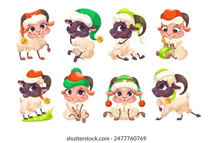 Cute cartoon sheep wearing colorful winter hats, white background. Vector illustration