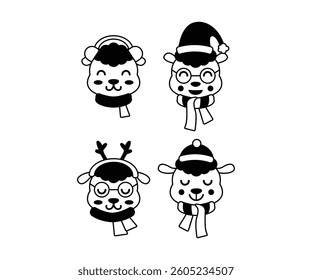 Cute Cartoon Sheep Winter Icons Black and White Minimalist Vector Design