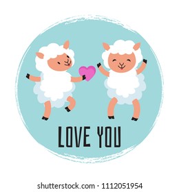 Cute cartoon sheeps in love. Vector love you emblem or card design illustration