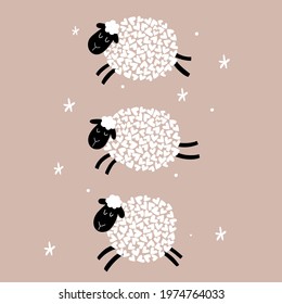 Cute cartoon sheeps. Sheep in shape of hearts. Vector children's illustration isolated on a beige background. Character for kids and babies fashion. Vector children's illustration. Funny zoo.