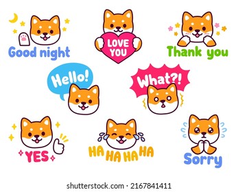 Cute cartoon Shiba Inu dog sticker set. Chat emoji with text messages: Hello, Sorry, Thank you, Love you, etc. Kawaii mascot vector illustration.