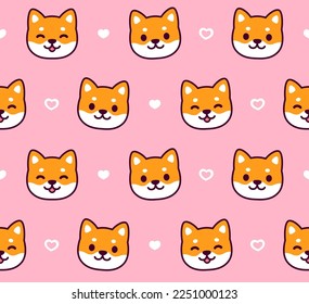 Cute cartoon Shiba Inu dog pattern. Kawaii puppy faces on pink background with heart doodles. Simple vector illustration.