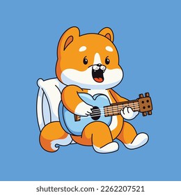 Cute cartoon shiba inu dog playing guitar vector illustration