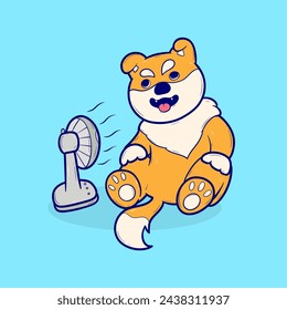 Cute cartoon Shiba Inu dog sitting by a fan
