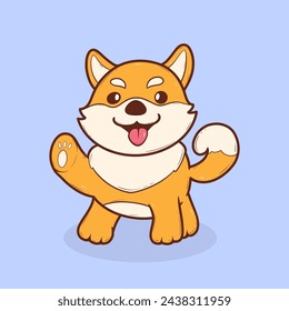 Cute cartoon Shiba Inu dog waving with a happy expression