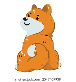 Un lindo perro de dibujos animados Shiba Inu se sienta y mira hacia atrás. Ilustración vectorial con un diseño plano. Aislado y fácil de usar, perfecto para diseños de niños, proyectos creativos