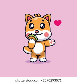 Cute Cartoon Shiba Inu Dog Eating Taco Vector Icon Illustration. Animal Food Icon Concept Isolated Premium Vector. Animals Cartoon Style