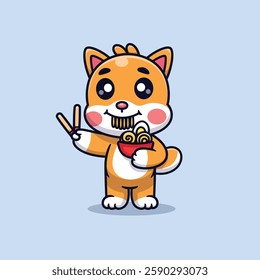 Cute Cartoon Shiba Inu Dog Eating Ramen Vector Icon Illustration. Animal Food Icon Concept Isolated Premium Vector. Animasl Cartoon Style