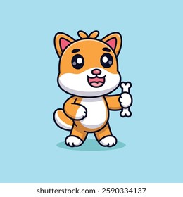 Cute Cartoon Shiba Inu Dog Holding a Bone Vector Icon Illustration. Animal Nature Icon Concept Isolated Premium Vector. Animals Cartoon Style