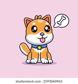 Cute Cartoon Shiba Inu Dog Sitting Thinking About a Bone Vector Icon Illustration. Animal Nature Icon Concept Isolated Premium Vector. Animals Cartoon Flat Style