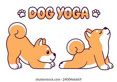 Cute cartoon Shiba Inu doing yoga. Kawaii puppy in Upward Facing Dog and Downward Facing Dog posture. Funny vector clip art illustration.