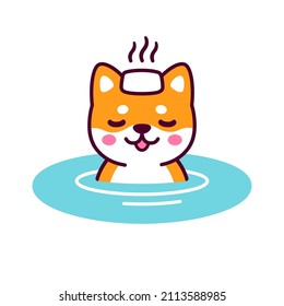 Cute cartoon Shiba Inu in Japanese Onsen hot spring with steaming towel on head. Kawaii dog drawing, funny vector illustration.