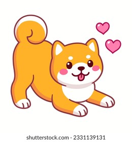 Cute cartoon Shiba Inu in playful pose with hearts. Excited dog body language. Funny vector clip art illustration.