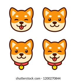 Cute Cartoon Shiba Inu Puppy Face Set For Icon Or Logo. Happy Dog With Tongue Sticking Out, Simple Vector Illustration.
