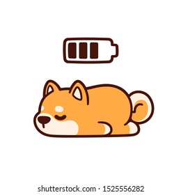 Cute cartoon Shiba Inu puppy taking power nap with charging battery. Adorable sleeping dog drawing, vector illustration.