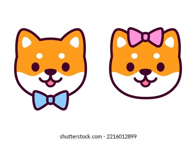 Cute cartoon Shiba Inu puppy couple, boy and girl with blue and pink bow. Kawaii male and female dog icon. Vector illustration for wedding or baby gender reveal.