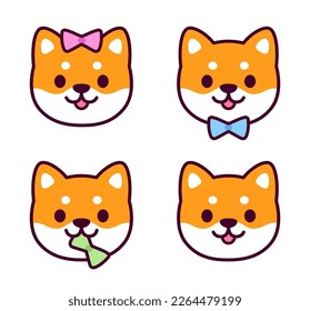 Cute cartoon Shiba Inu puppy gender identity icons with color bow. Boy, girl and gender neutral (non-binary). Kawaii dog vector illustration set.